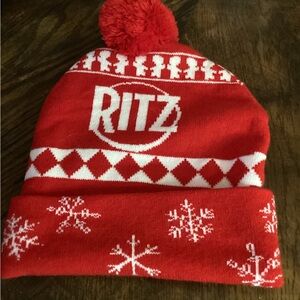 Red and White Winter Beanie Ritz on one side, Oreo on the other